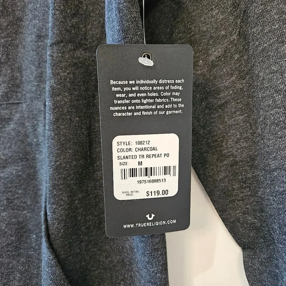 True Religion Hoodie Slanted Repeat Pullover Charcoal Lightweight Medium